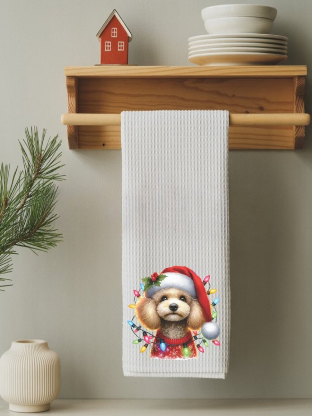 Poodle Christmas Lights Decorative Kitchen Tea Towel